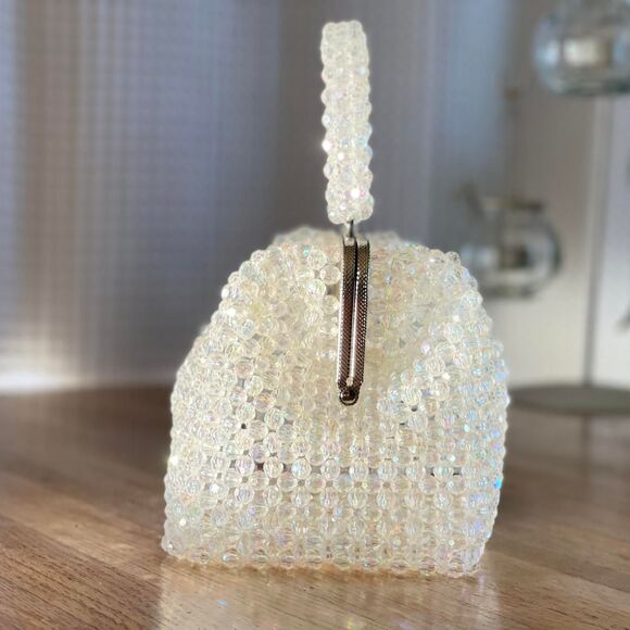 Handmade Acrylic Beaded Top Handle Purse Kiss Lock Closure Sparkly Evening Bag - Picture 3 of 8